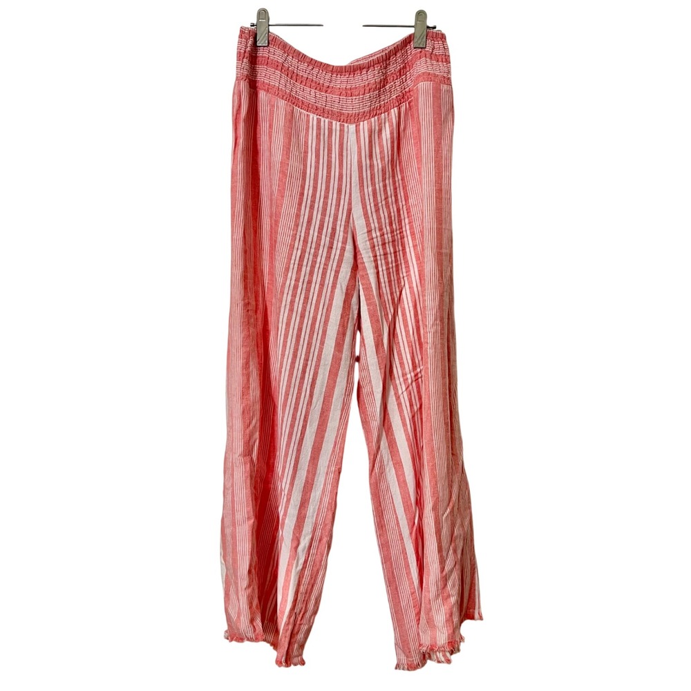 Cato Women's Pink Striped Linen Rayon Wide‎ Leg Pants Smocked Waist Beach Resort